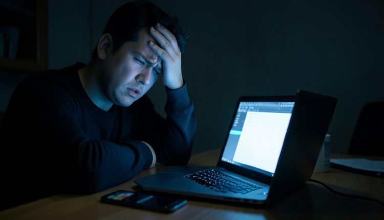 Frustrated person at a laptop in a dim room with a credit card and phone on the desk