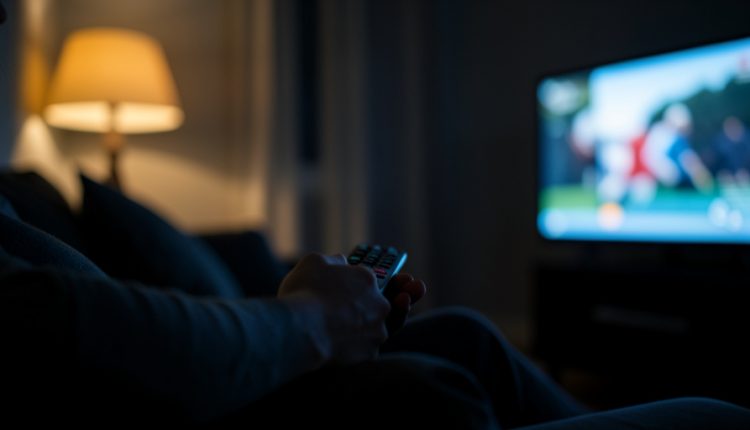 Person on a sofa at night pointing a remote at a softly glowing television in a dim living room