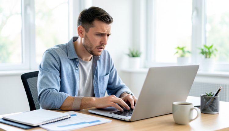 A freelancer at a desk looking concerned at a laptop while organizing client files and shared documents