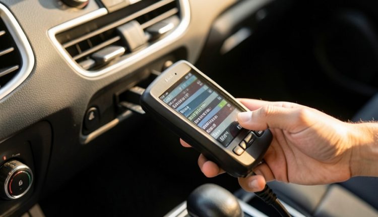 A hand holding an OBD2 diagnostic scanner plugged into a car showing rows of monitor status readouts on the screen