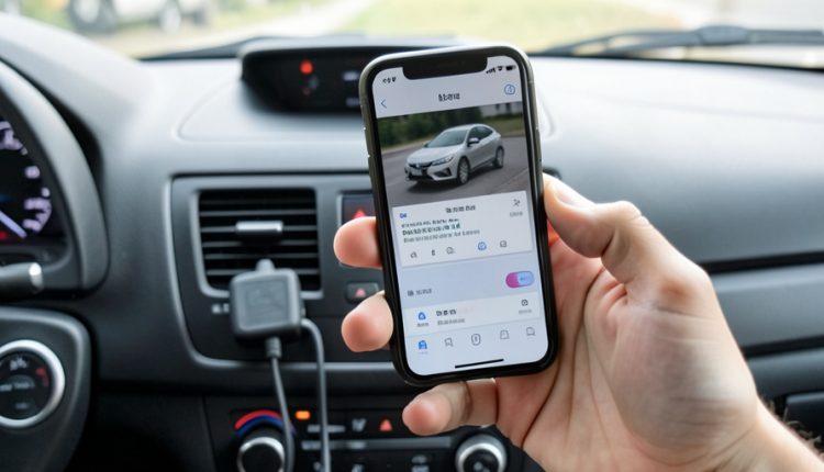 A hand holding a phone running a car diagnostics app, connected to an OBD adapter plugged in under a car dashboard