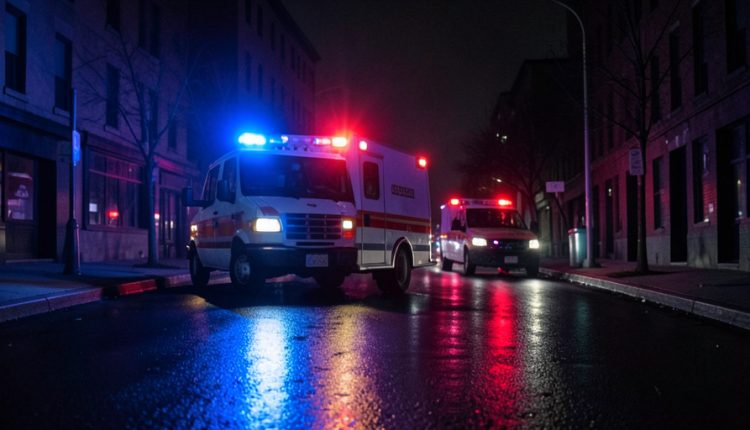 Emergency response vehicles with blue and red lights on a wet urban street at night