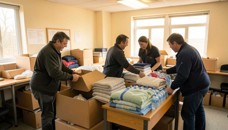 Volunteers in a community aid center sorting boxes of blankets, clothing, and bottled water under warm indoor light