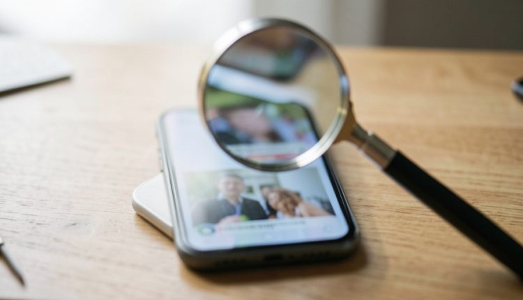 A smartphone on a wooden desk showing a blurred news photo, with a magnifying glass held over the screen to examine it