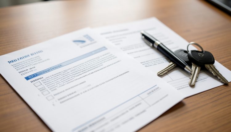 A vehicle title form with a checkbox section, a pen, and a set of car keys on a desk