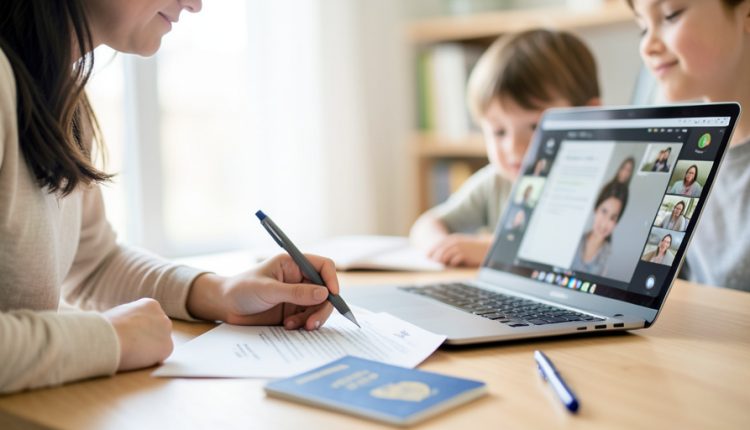 A parent signing a travel document during a laptop video call, with a child's passport on the desk and children nearby
