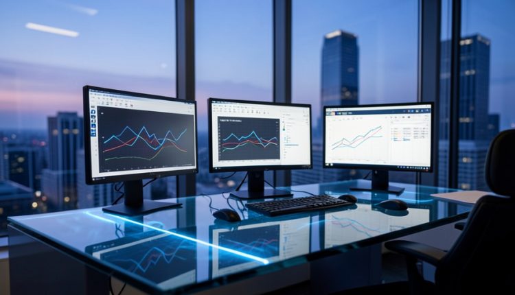 Financial analyst workspace at dusk with monitors showing charts and a glowing data motif on a glass desk