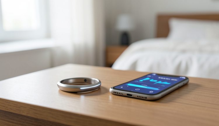 A smart ring resting on a nightstand beside a phone showing a sleep-tracking screen in a bedroom