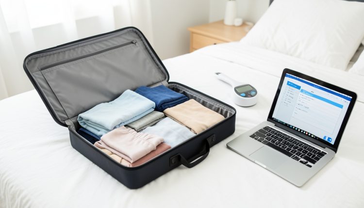 An open packed suitcase on a bed beside a handheld luggage scale and a laptop showing a checklist