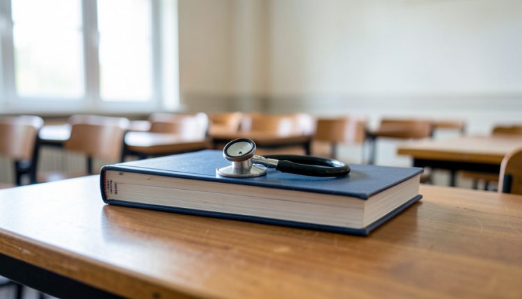 A stethoscope resting on a thick medical textbook on a desk in an empty lecture hall with rows of empty chairs behind
