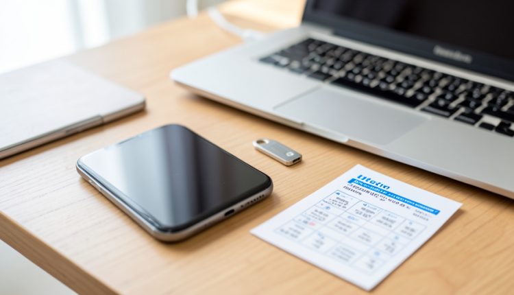 A face-down smartphone on a desk beside a laptop, a hardware security key, and a card of backup codes