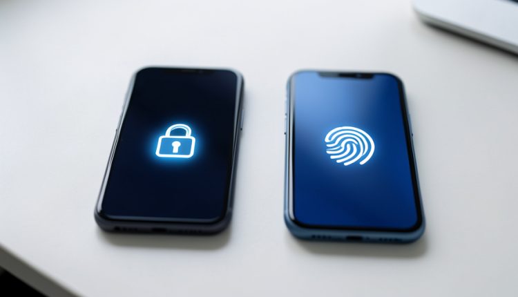 Two smartphones side by side on a desk, one showing a glowing padlock icon and the other a fingerprint icon