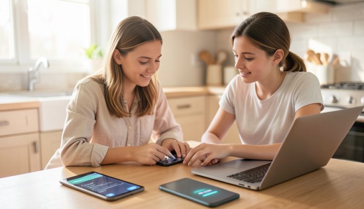 A parent and teenager setting up secure logins together on a phone and laptop at a kitchen table