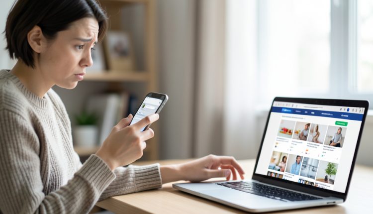 A person looking warily at a phone chat message while an online marketplace listing shows on a laptop