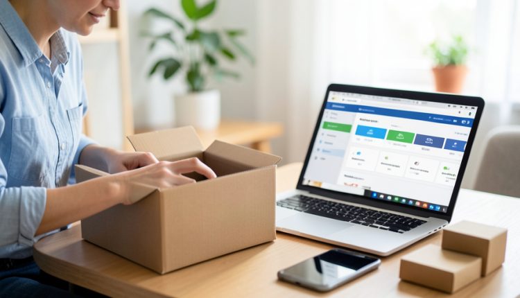 An online marketplace seller packing a shipping box while a payment dashboard shows on a laptop at a home-office desk
