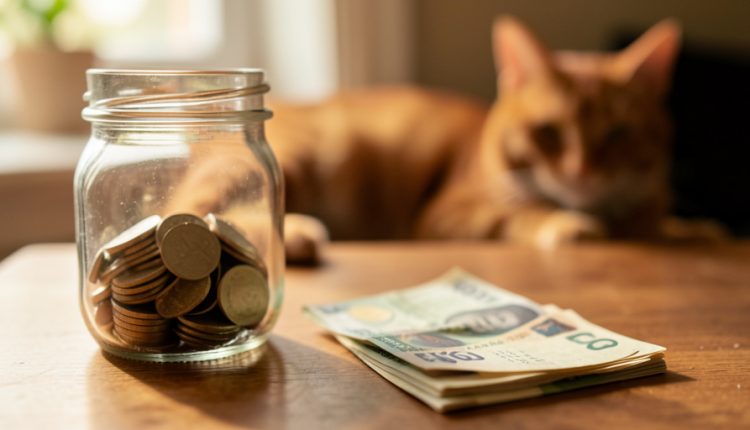 A glass jar of coins and folded banknotes on a wooden table with a blurred orange cat resting in the background