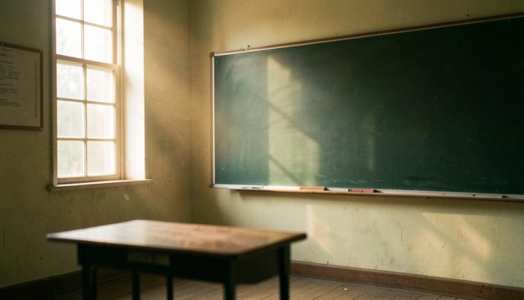 Empty vintage classroom with a wiped-clean green chalkboard and a single wooden desk in dusty afternoon light