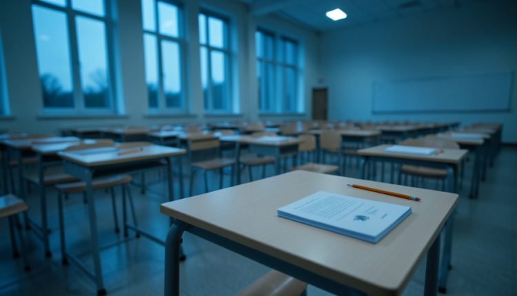 Empty school examination hall at dusk with rows of desks and a test booklet and pencil in the foreground