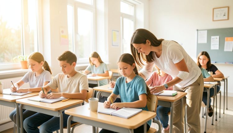 Bright classroom with focused students at their desks and a teacher leaning in to help one of them