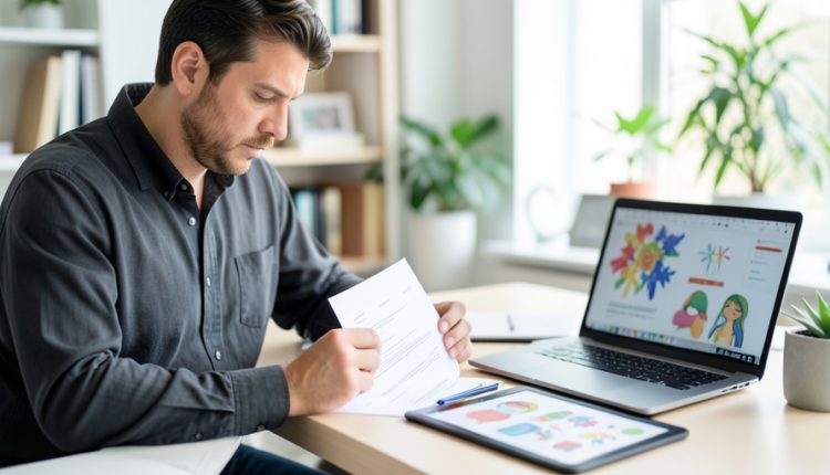 A freelance designer at a home office desk reviewing a printed project agreement with design work on a laptop nearby