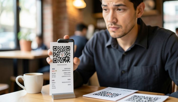 A traveler at a cafe table scanning a QR code menu stand with their smartphone and a cautious expression