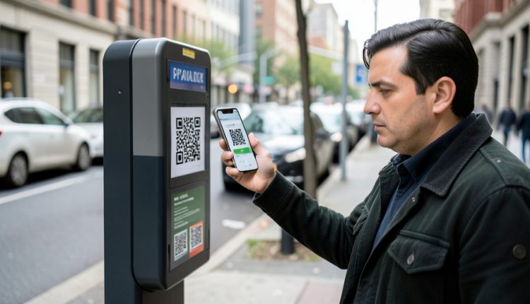 A person on a city sidewalk scanning a QR code on a street parking pay station with their smartphone