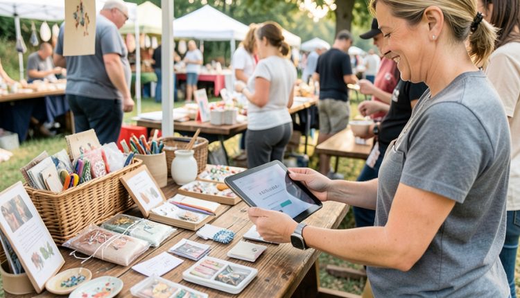 A maker at a craft fair booth with handmade products displayed on a wooden table, using a tablet to record a sale
