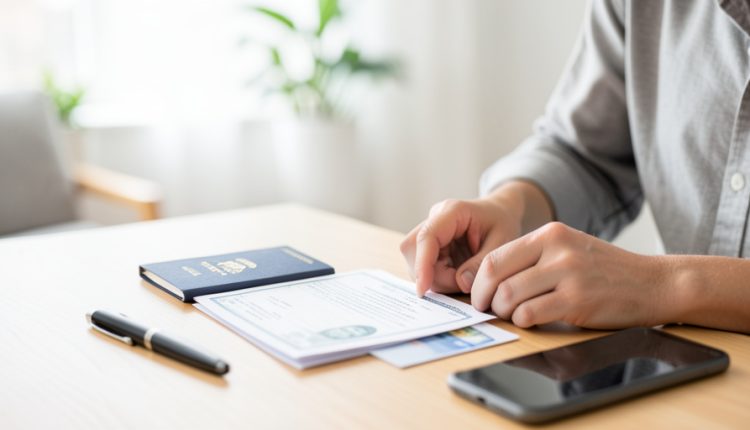 A person organizing identity documents including a passport, a certificate, and an ID card on a table for a Real ID application