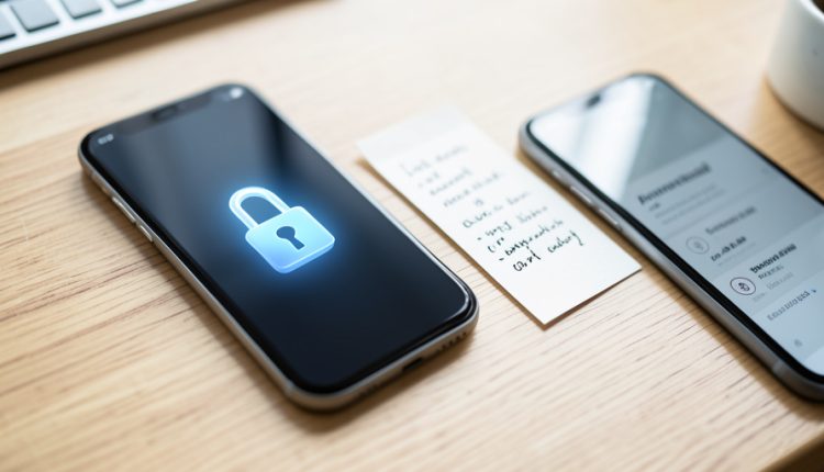 A locked smartphone showing a padlock beside a handwritten code note and a second phone, representing Apple account recovery options