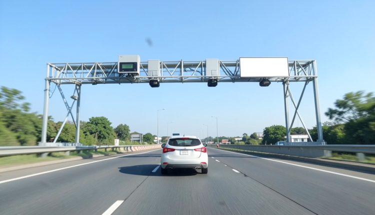 A car driving on a highway approaching an overhead cashless electronic toll gantry on a clear day