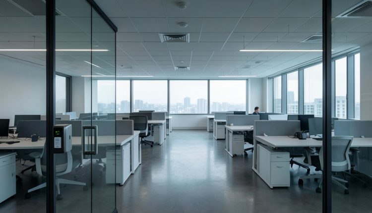 A mostly empty modern open-plan office with one lone worker by the window and a security badge reader on a glass door in the foreground
