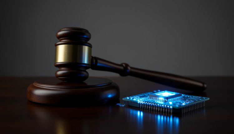 A judge's gavel resting beside a glowing blue microchip on a dark desk, symbolizing AI regulation