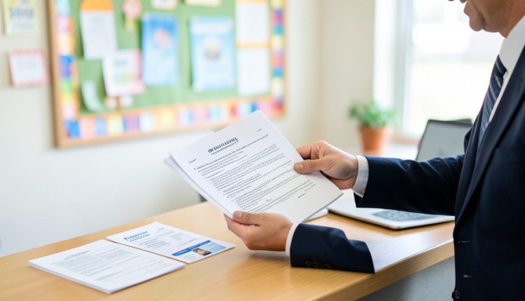 A school administrator reviewing enrollment paperwork at a front-office desk, with forms and documents laid out
