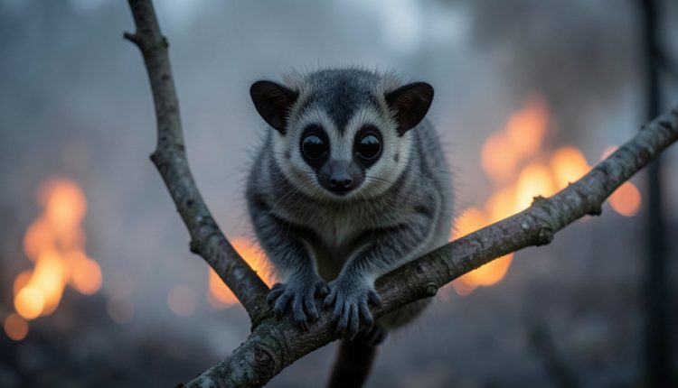 A round, wide-eyed slow loris gripping a bare branch with wildfire smoke and orange glow blurred behind it
