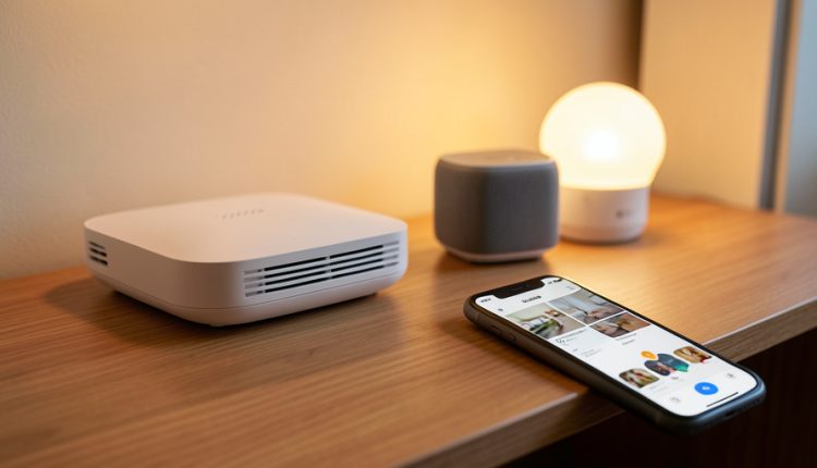 A white Wi-Fi router beside a smart speaker and a glowing smart bulb, with a phone showing a smart-home app