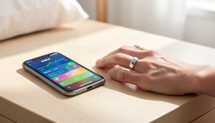 A smart ring worn on a hand beside a smartphone showing a health and sleep dashboard on a bedside table in morning light