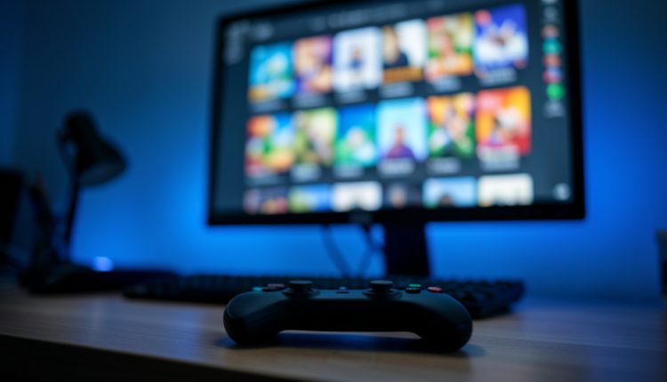 A game controller on a desk in front of a monitor showing a blurred grid of colorful game thumbnails in blue ambient light