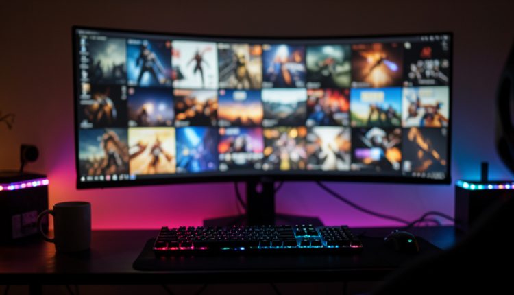 A curved ultrawide monitor showing a blurred grid of game cover art in a dark RGB-lit PC gaming setup
