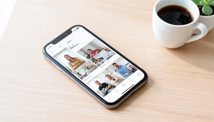 A smartphone on a wooden desk showing a photo gallery grid with several duplicated thumbnails, beside a coffee cup and a small plant
