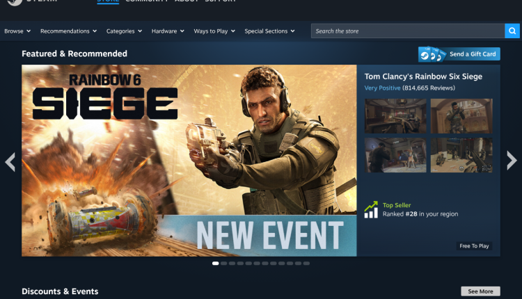 The Steam store homepage showing featured games and sale prices