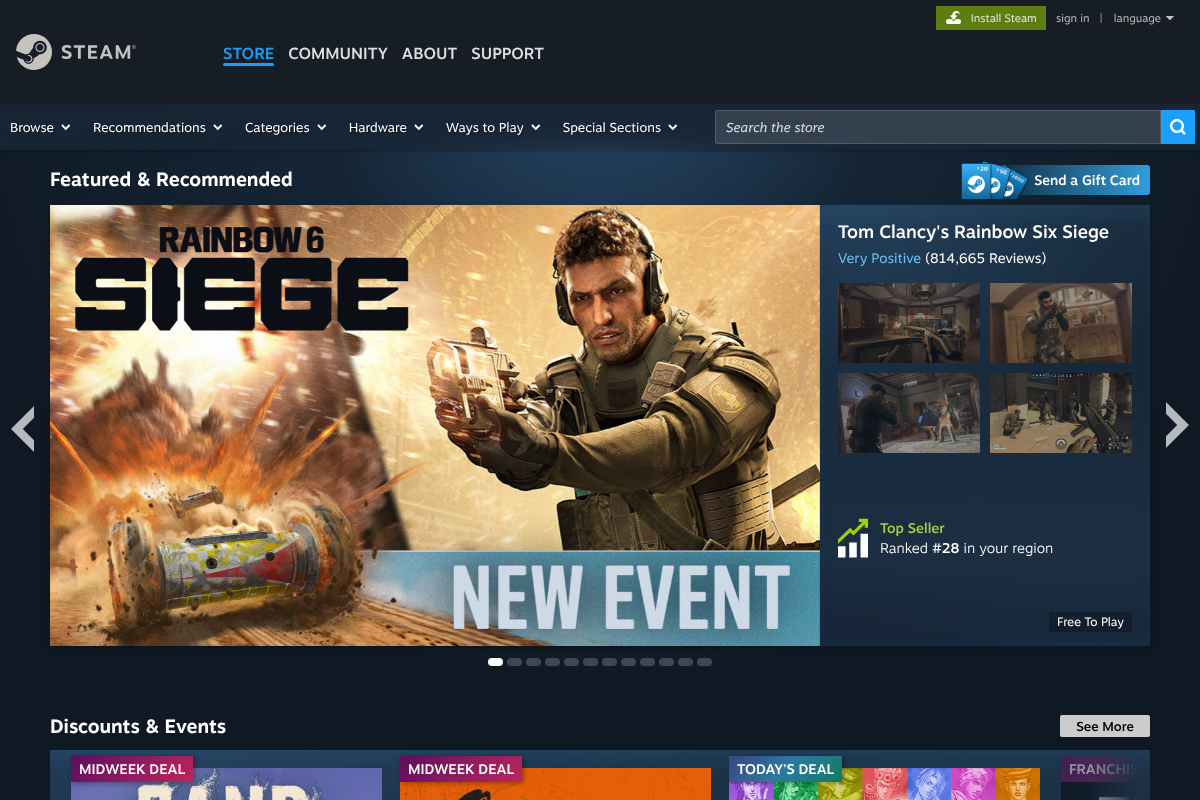 The Steam store homepage showing featured game listings and sale prices