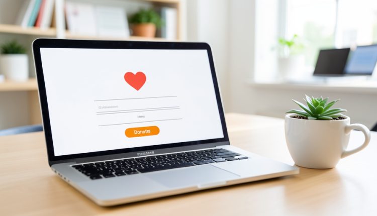 A laptop showing a clean online donation form with a heart icon and a Donate button, beside a coffee cup and a small plant