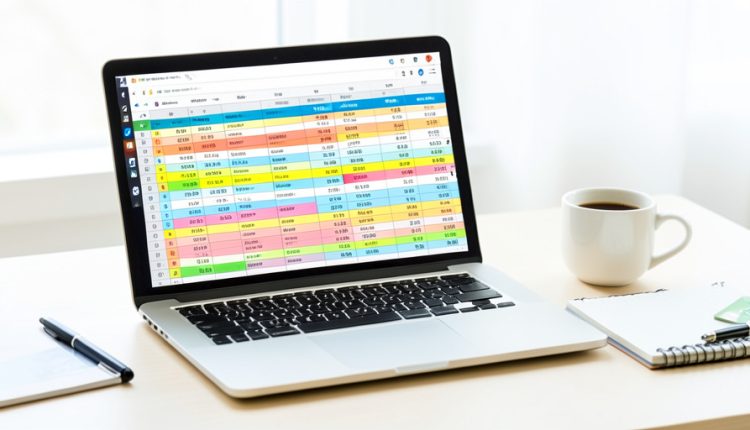 A laptop showing a colorful budgeting spreadsheet with highlighted cells, beside a credit card, coffee, and a notebook