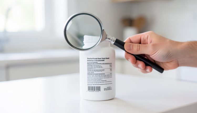 A hand holding a magnifying glass over the label of a plain white supplement bottle on a clean counter