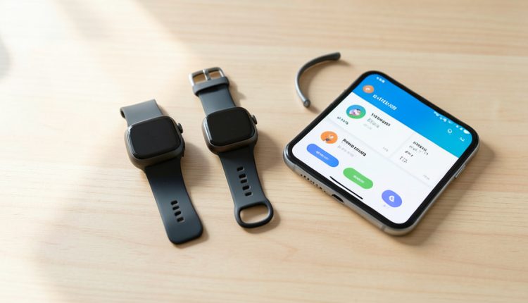 Two smartwatches and a smart ring arranged on a light wooden table beside a phone showing a health and activity dashboard