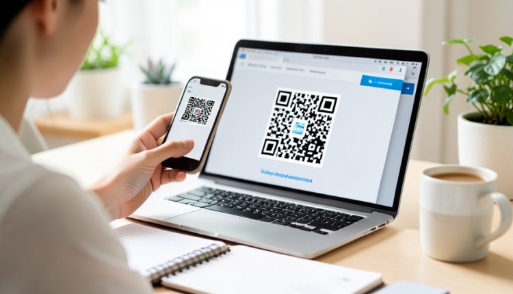 A person scanning a QR code on a laptop screen with a smartphone to set up two-factor authentication