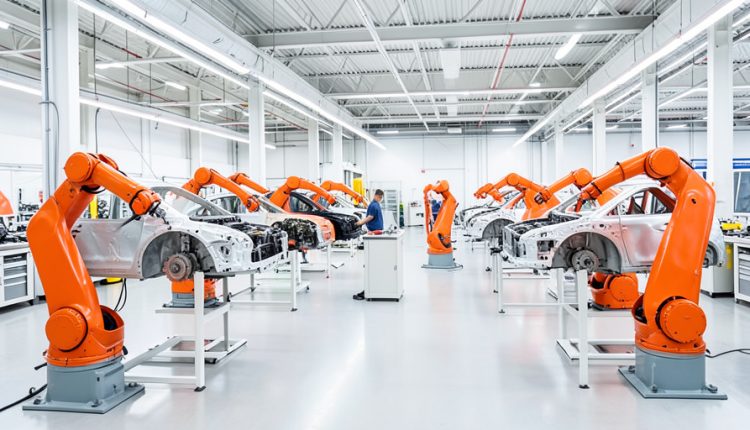 Bright modern car factory with orange robotic arms assembling separate vehicle body modules at parallel stations
