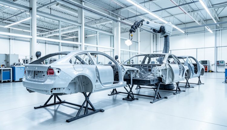 Separate painted car body modules on stands in a bright factory as a robotic arm lifts one to join the frame