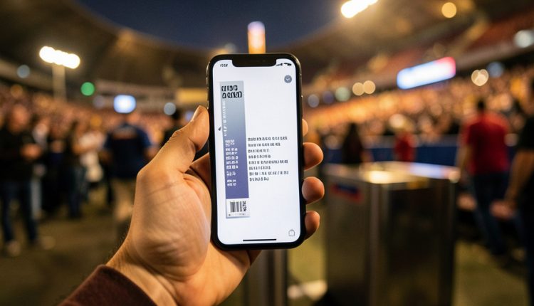 A hand holding a smartphone showing a mobile event ticket at a stadium entry gate with a blurred crowd and lights behind