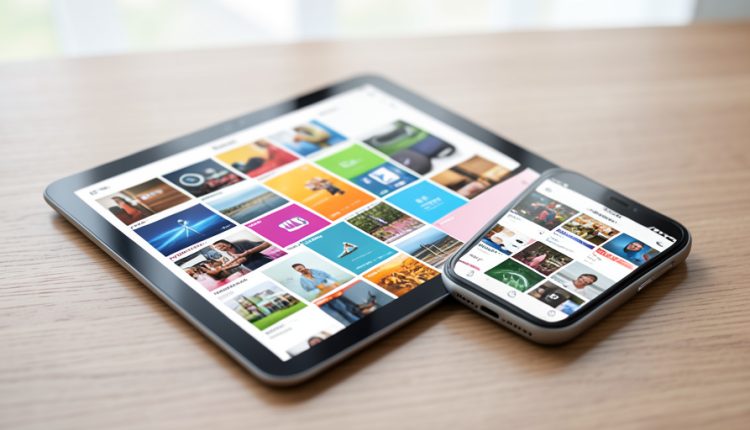 A tablet and a smartphone on a desk showing colorful grids of app and media thumbnails, representing a digital media library